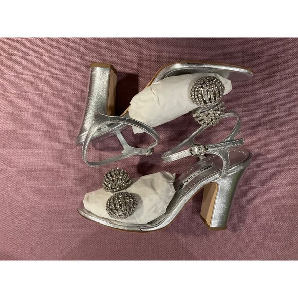 Manolo Blahnik Elhob 105 Leather Sandal in Silver 36.5 with Box Womens High Heel - Picture 7 of 15